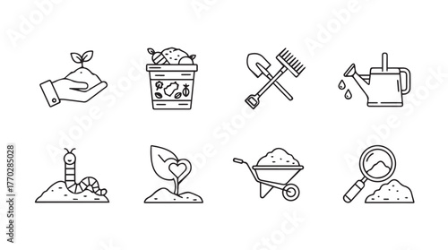 Gardening icons hand drawn style seedling growth tools soil cultivation plant care silhouette