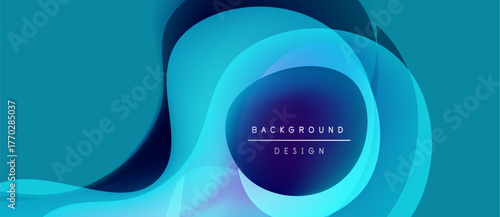 Abstract flowing shapes, vibrant blue hues create dynamic background. Modern design features layered curves, soft gradients. Text reads background design.