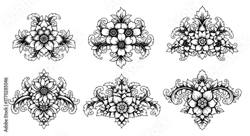 Elegant Floral Ornament Set: Vintage Botanical Designs for Wedding Invitations, Decorative Borders, and Artistic Templates – Detailed Flower Arrangements in Antique Style for Presentations, Scrapbooki