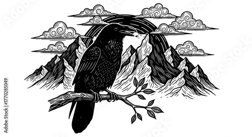 Majestic Raven Perched on Branch Amidst Mountain Peaks & Swirling Clouds: A Symbol of Wisdom, Mystery, and Nature's Power for Literature, Education, & Creative Design Projects, Woodcut Style Illustrat