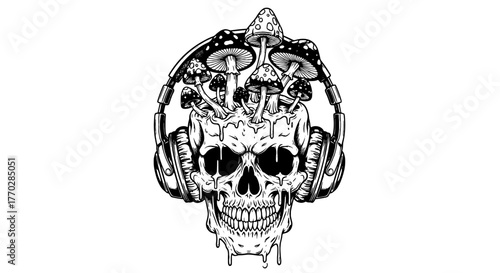 Skull with Mushrooms Listening to Music on Headphones: An Intricate Ink Illustration for Psychedelic Art, Halloween, and Music Culture, Great for Posters, T-shirts, Album Covers, and Unique Designs in