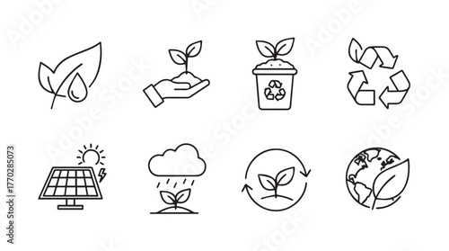 Hand drawn icons set for ecology nature and sustainability theme symbols silhouette