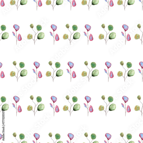 purple and green eucalyptus watercolor leaves on white background, hand drawn, seamless pattern
