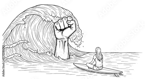 Empowered Surfer Contemplating a Giant Fist Wave Illustration on the Ocean for Strength Concept, Facing Challenges, and Overcoming Obstacles in Business and Life, Graphic Art for Motivation and Inspir