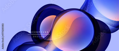 Abstract fluid shapes overlap, creating vibrant color gradients. Blue, orange, purple hues dominate design. Modern background element.