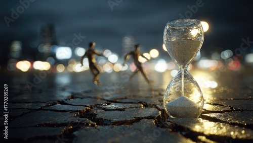 Fototapeta Naklejka Na Ścianę i Meble -  Time Flies By, People Walk Through City at Night, Hourglass.