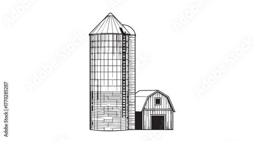 Rustic farm silo and barn sketch countryside agricultural building line art silhouette