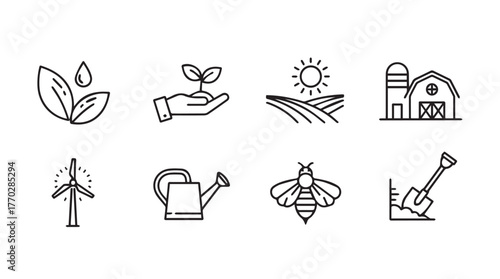 Collection of organic farming and agriculture icons including plants water windmill and bee silhouette