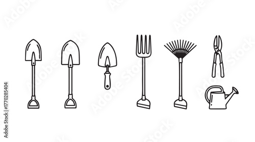 Collection of hand drawn garden tools including shovels rakes and pruners for cultivation silhouette
