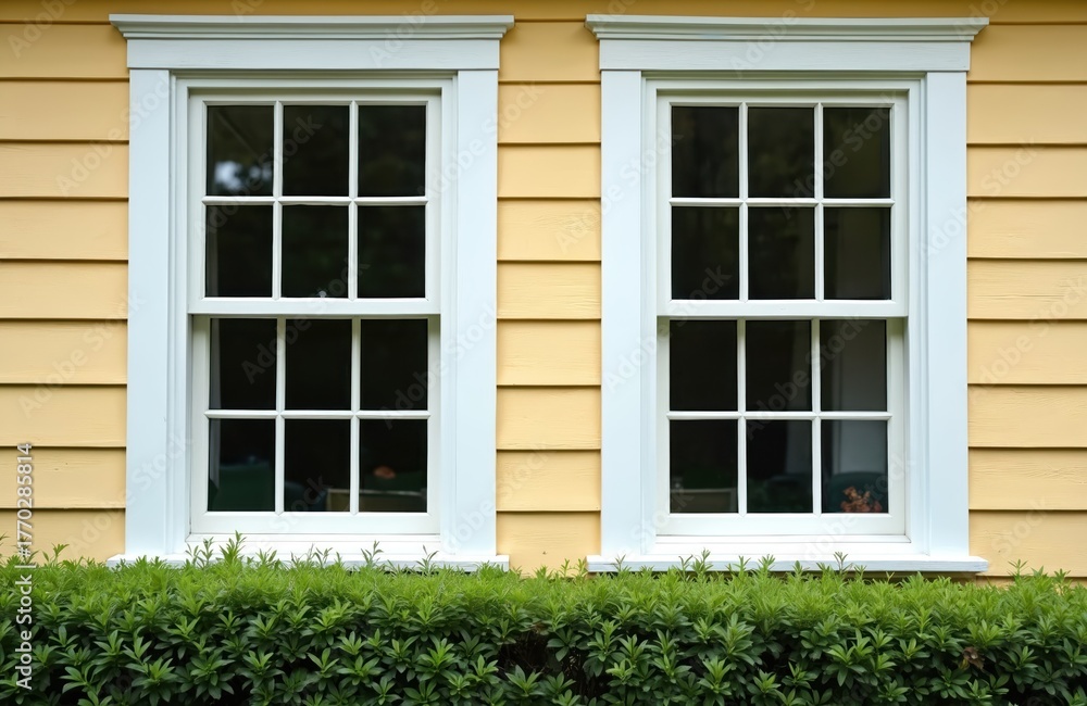 Fototapeta premium Two double hung windows on a yellow wall are seen. White frames around windows contrast with the wall. Green bushes sit below. Exterior view of an old building.
