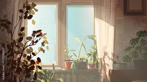 Cozy home interior bathed in warm sunlight streaming through a window, with realistic lighting and soft shadows creating a welcoming, peaceful atmosphere.
