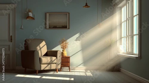 Cozy home interior bathed in warm sunlight streaming through a window, with realistic lighting and soft shadows creating a welcoming, peaceful atmosphere.
