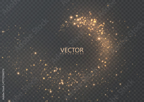 Golden magic comet with many sparkling dust particles and shimmering light effects. Vector light effect for dark background.	