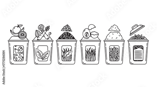 Hand drawn collection of different tea varieties in cute cups and pouches for sale silhouette