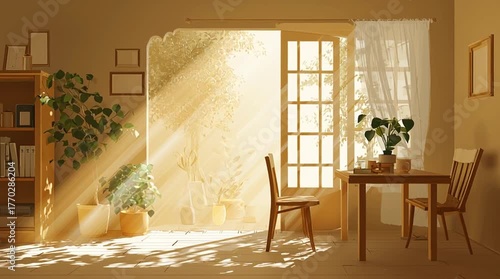 Cozy home interior bathed in warm sunlight streaming through a window, with realistic lighting and soft shadows creating a welcoming, peaceful atmosphere.
