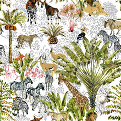 Papier peint photo Jungle Safari animaux lions éléphants girafes palmiers enfants  © Елена Фаенкова