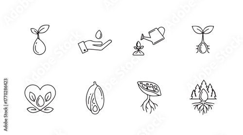 Diverse plant growth stages icons representing nature agriculture seedling development and care silhouette