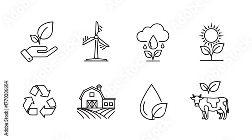 Eco-friendly farming and renewable energy icons for sustainable agriculture and green living silhouette