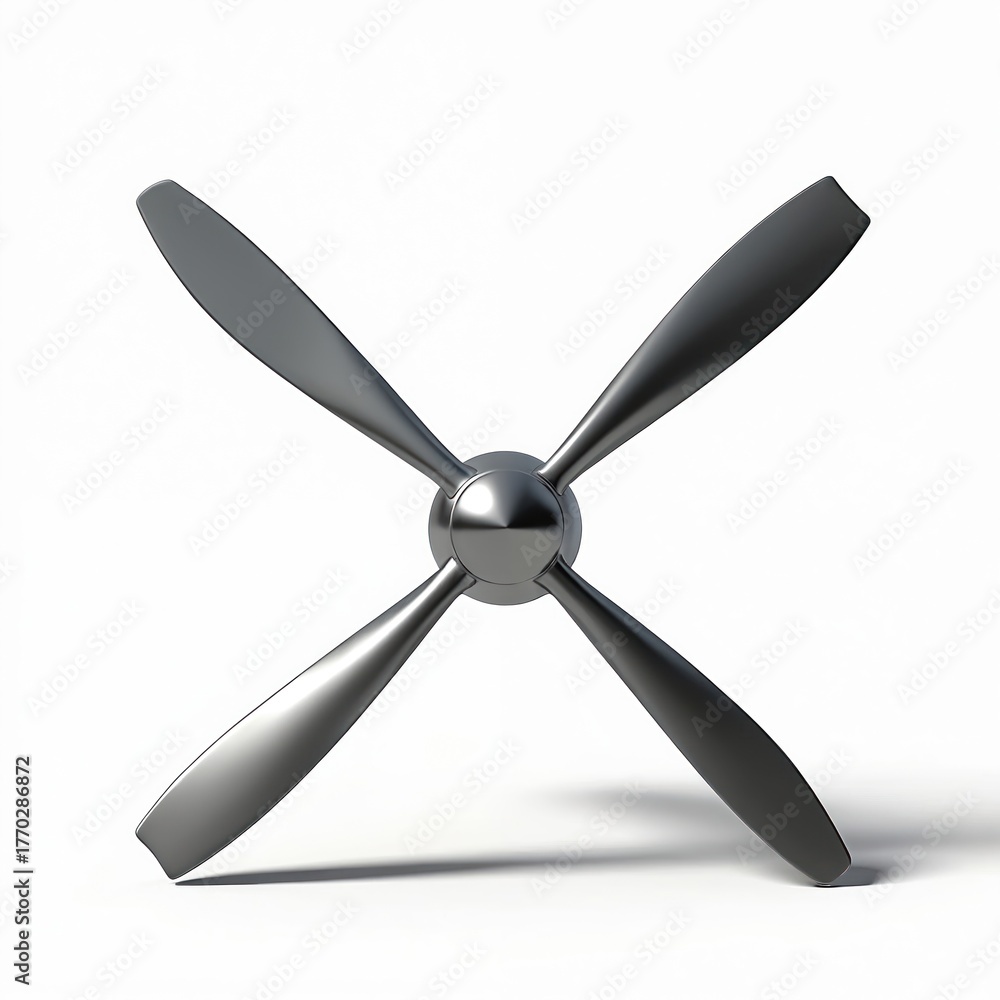 Obraz premium Silver four blade propeller on white background. This modern industrial object powers aviation and marine vehicles. It represents tech innovation, propulsion, and engineering. Sleek design is precise.