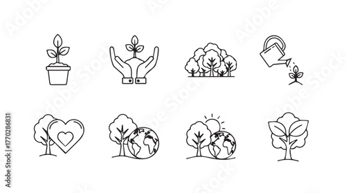 Set of sketchy icons representing growth nature and sustainability concepts hand drawn silhouette