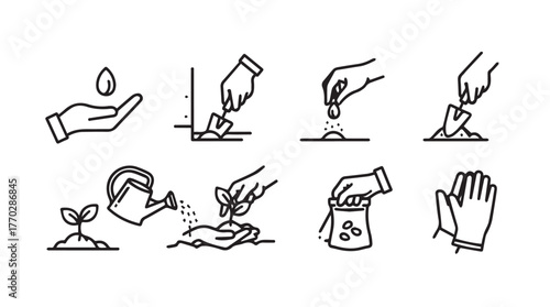 Gardening steps icons hands planting seeds watering sprouts gloves seed packet growth stages silhouette
