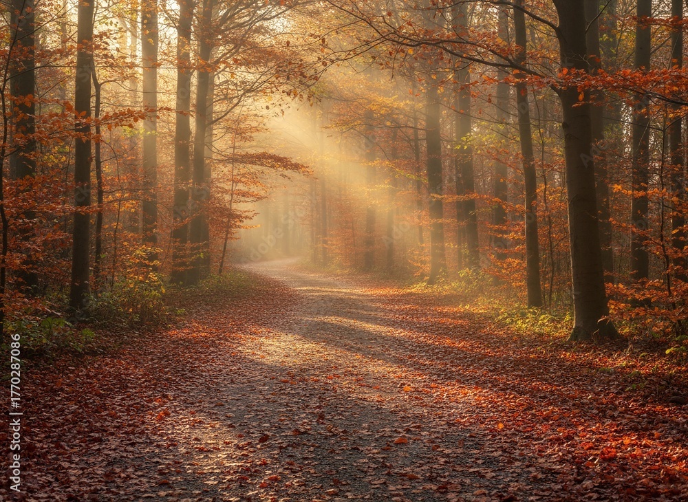 Fototapeta premium Sunlit path through autumn forest with orange leaves and misty morning atmosphere