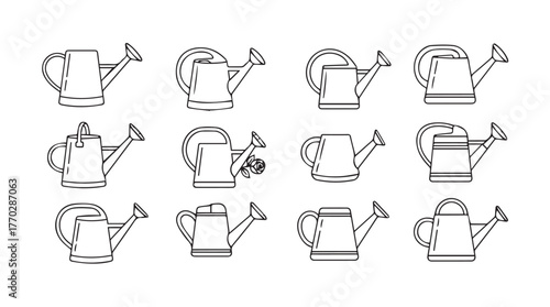 Collection of line art watering can icons various styles for gardening and botany silhouette