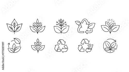 Collection of hand drawn leaf and recycling icons for eco friendly and nature themes silhouette