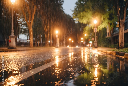 Night city street with glowing lights and moving cars in winter evening