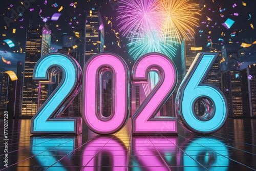 Neon New Year Celebration with Fireworks and Happy Party Lights