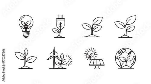 Set of hand-drawn eco-friendly icons for sustainable energy and growth concepts silhouette