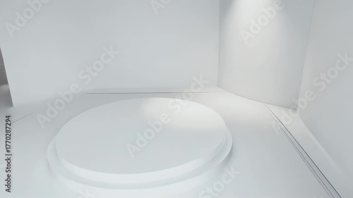 A stark white minimalist interior features an elevated circular platform illuminated by overhead lighting, creating subtle shadows. The design emphasizes clean lines and empty space