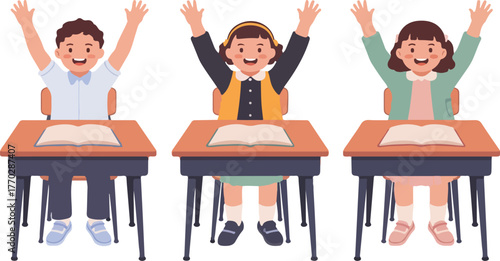 Classroom Kids Illustration – Learning & Participation Theme | school children, classroom scene, raising hands, student engagement, education icon, learning activity, desk illustration