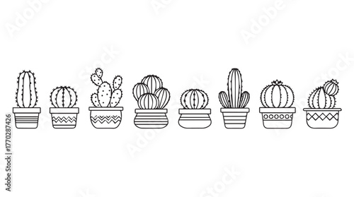 Charming line art collection of potted cacti diverse styles decorative desert plants silhouette
