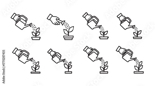 Hand watering young plants step by step growth plant care sequence icons silhouette