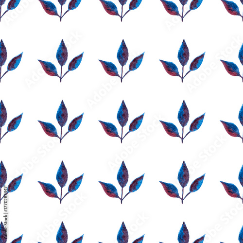 seamless pattern of blue purple turquoise leaves, hand drawn watercolor elements, isolated on white background
