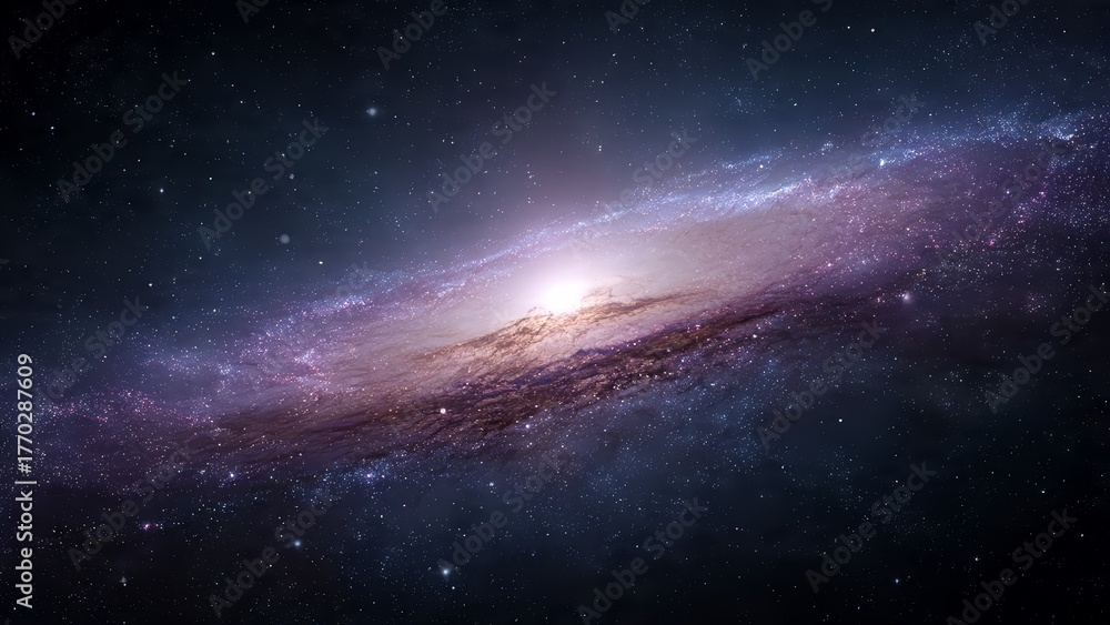 Fototapeta premium Spiral galaxy with bright core and cosmic dust clouds against a starry night sky