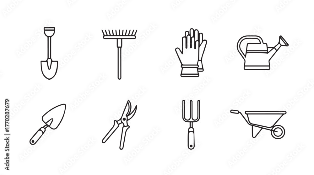 Obraz premium Collection of garden tools icons set shovel rake gloves watering can pruners trowel wheelbarrow silhouette