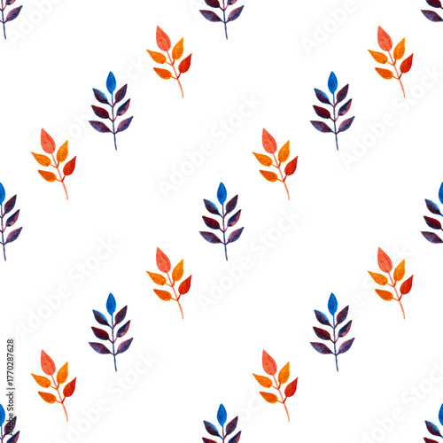 seamless pattern of orange, blue turquoise leaves, hand drawn watercolor elements, isolated on white background