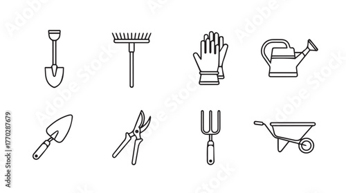 Collection of garden tools icons set shovel rake gloves watering can pruners trowel wheelbarrow silhouette