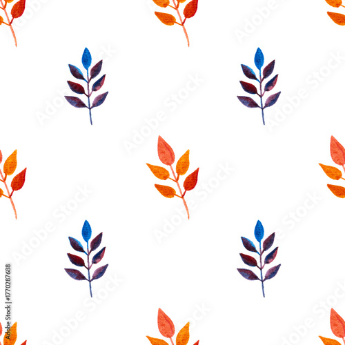 seamless pattern of orange, blue turquoise leaves, hand drawn watercolor elements, isolated on white background
