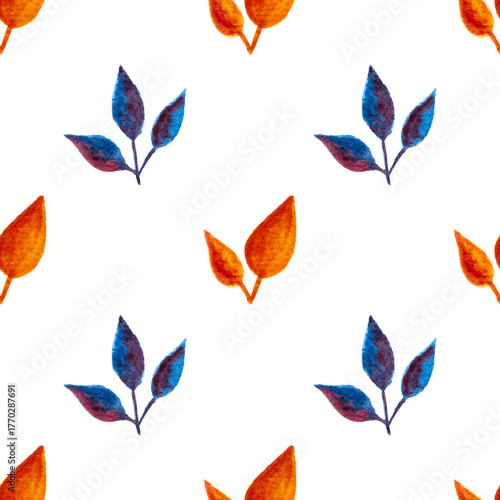 seamless pattern of orange, blue turquoise leaves, hand drawn watercolor elements, isolated on white background
