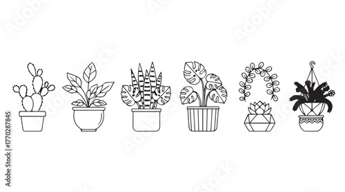 Collection of six different potted houseplants in outline style for decor or design projects silhouette