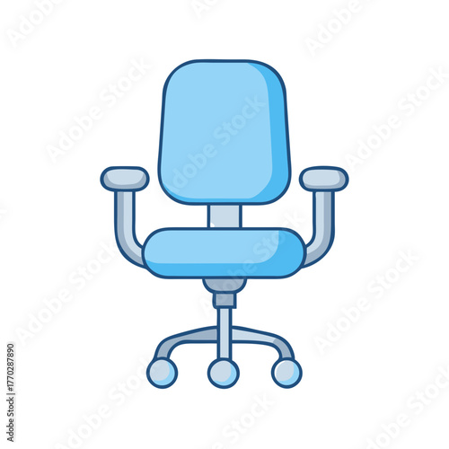 Stylized illustration of a light blue rolling office chair with armrests