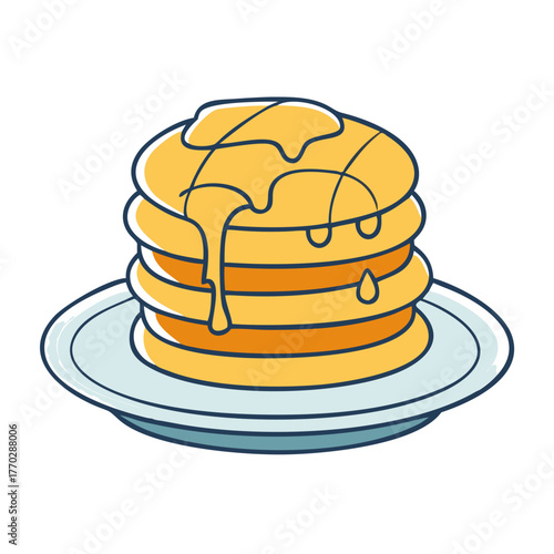 Stack of fluffy pancakes with dripping honey or syrup on a plate