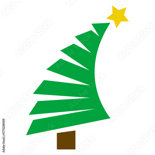 Logo con árbol de navidad curvado con estrella para tarjetas y felicitaciones de Navidad