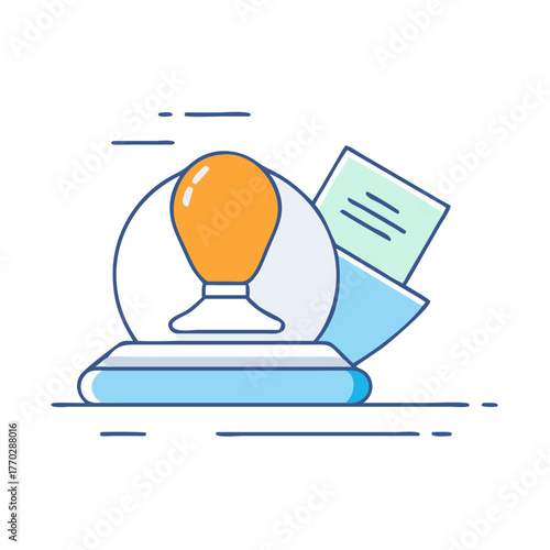 Conceptual illustration of a bright idea within a snow globe, papers nearby