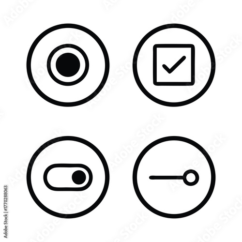 User Interface (UI) Control Icons: Radio Button, Checkbox, Toggle Switch, and Slider