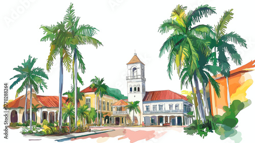 Place des Palmistes. Place des Palmistes hand drawn watercolor illustration