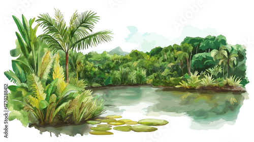 Cuyabeno Wildlife Reserve. Cuyabeno Wildlife Reserve hand drawn watercolor illustration